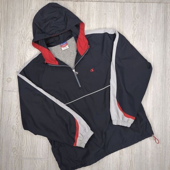 Vintage Rare Champion Windbreaker Quarter Zip Jacket Hooded Reflective Red Black
